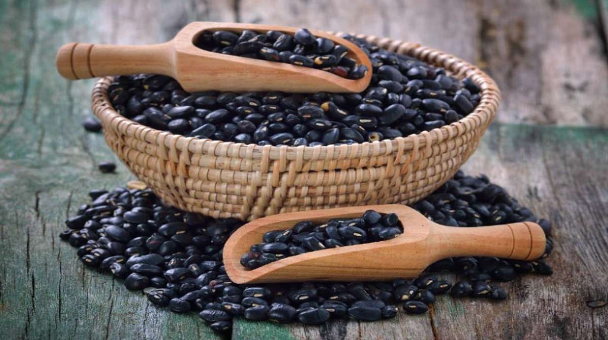 A bowl of black beans.