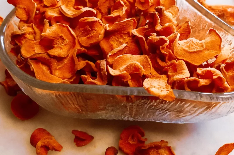 The best foods to dehydrate for long-term storage Dehydrated carrots in a glass tray.