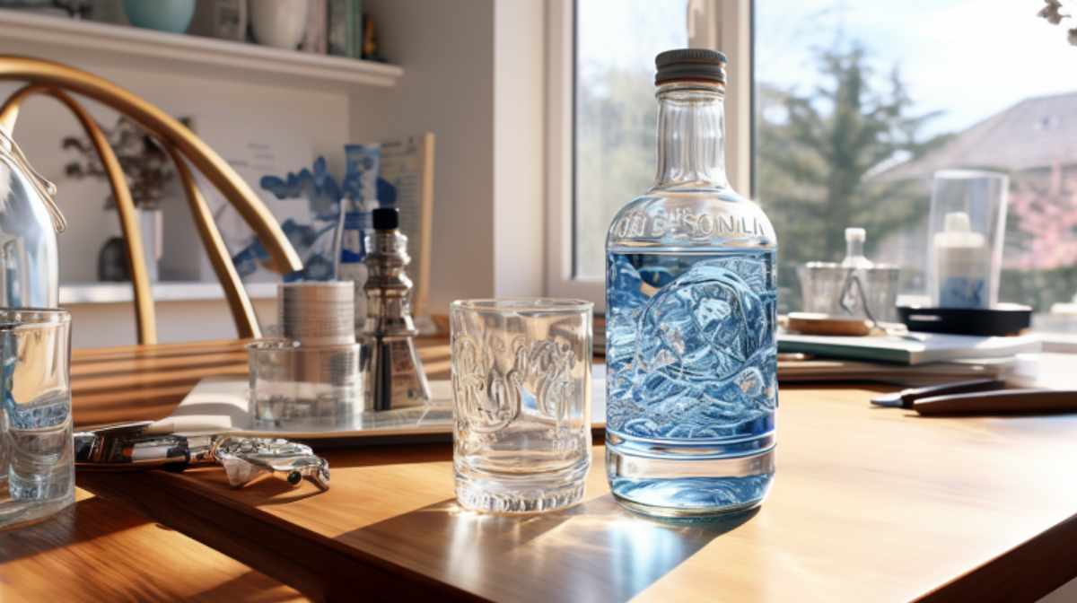Does water expire in glass bottles A water bottle and a glass on top of the table.