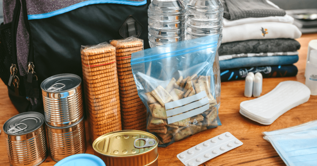 survival essentials: canned goods, biscuits, medicine, and water