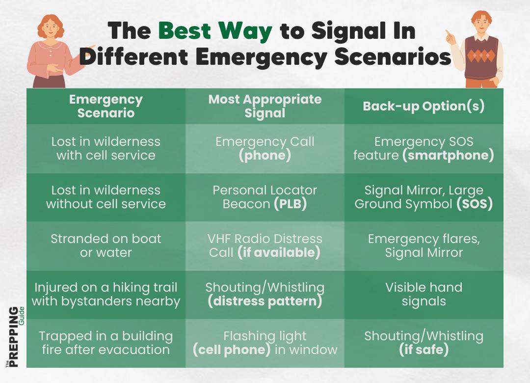 The best way to signal in different emergency scenarios.